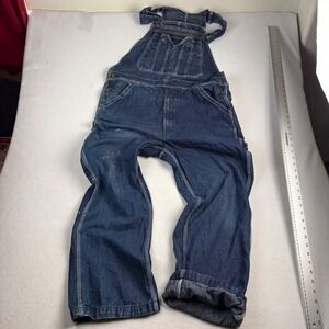 Real Work Mens Denim Bib Overalls Dark Wash Distressed 40W x 30L Relaxed Fit